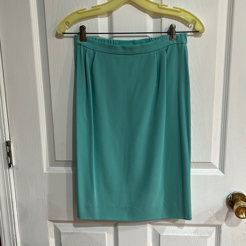 Vintage Womens Midi Skirt Solid Turquoise Blue Elastic waist flat front Size 6
